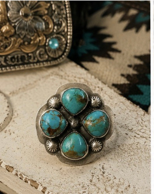 Number Eight Turquoise Blue w Gold Vein Cluster Ring in Sterling Silver