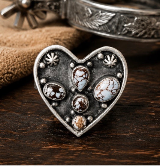 White Horse Turquoise Multi Stones Ring set in a Sterling Silver Heart with designed Beads