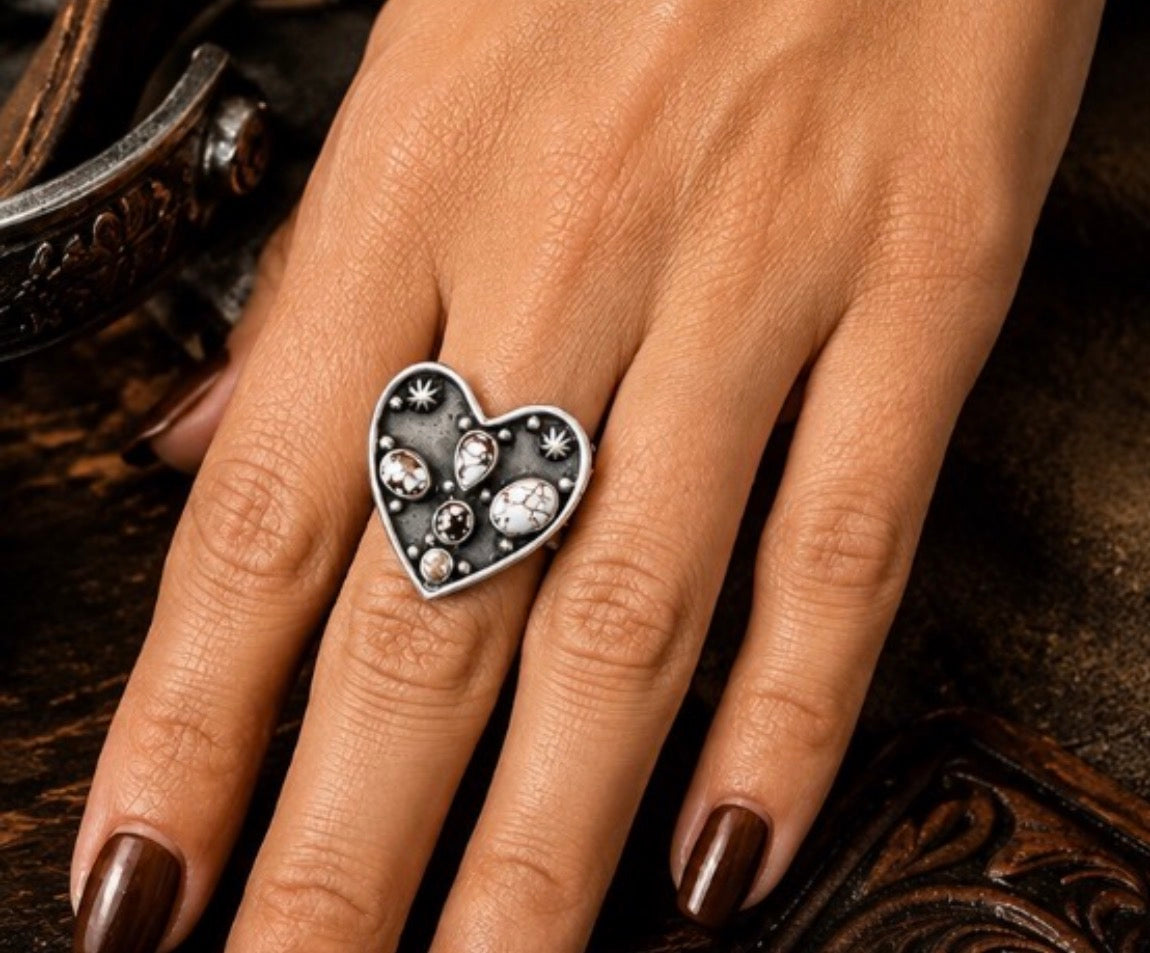 White Horse Turquoise Multi Stones Ring set in a Sterling Silver Heart with designed Beads
