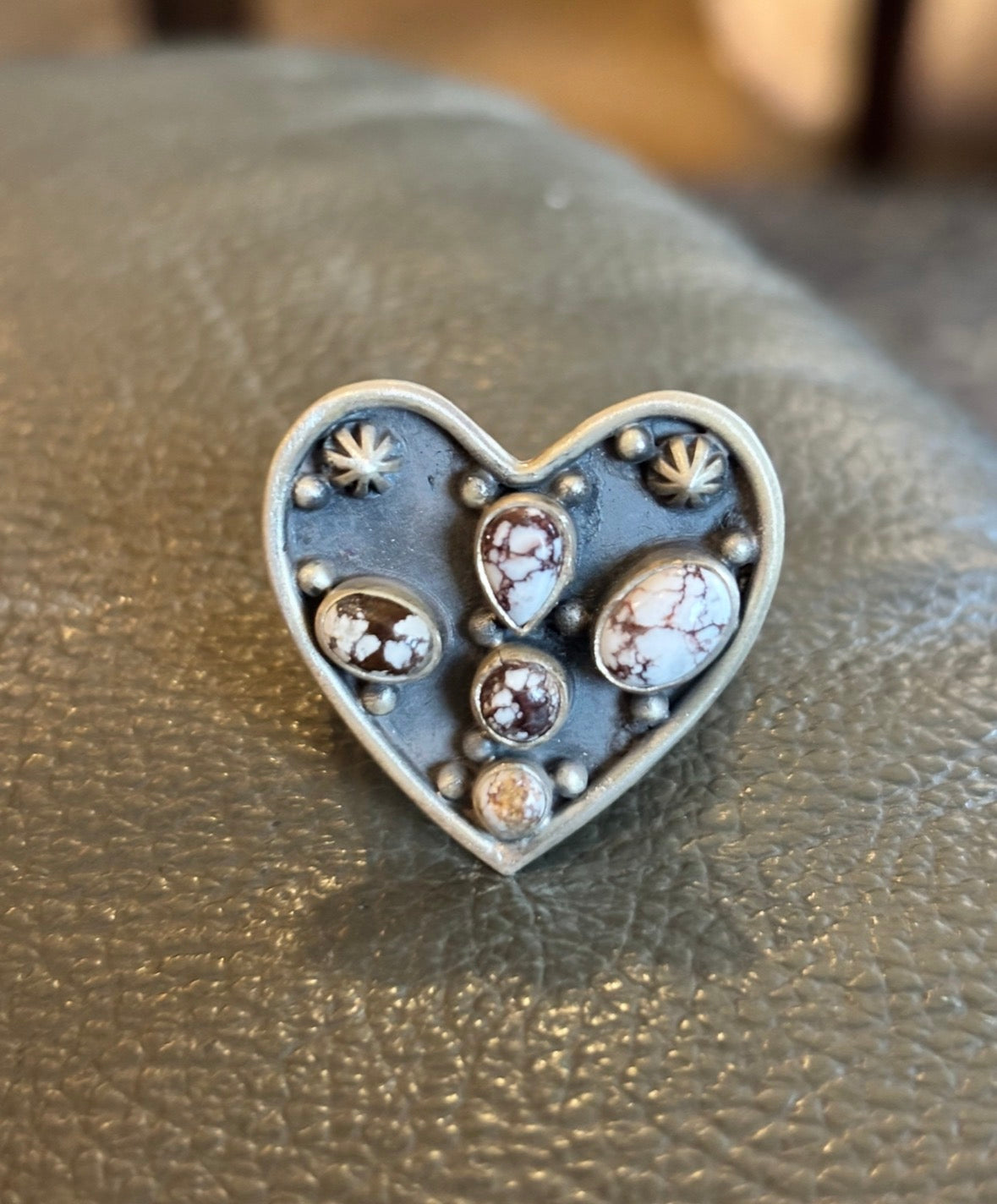 White Horse Turquoise Multi Stones Ring set in a Sterling Silver Heart with designed Beads