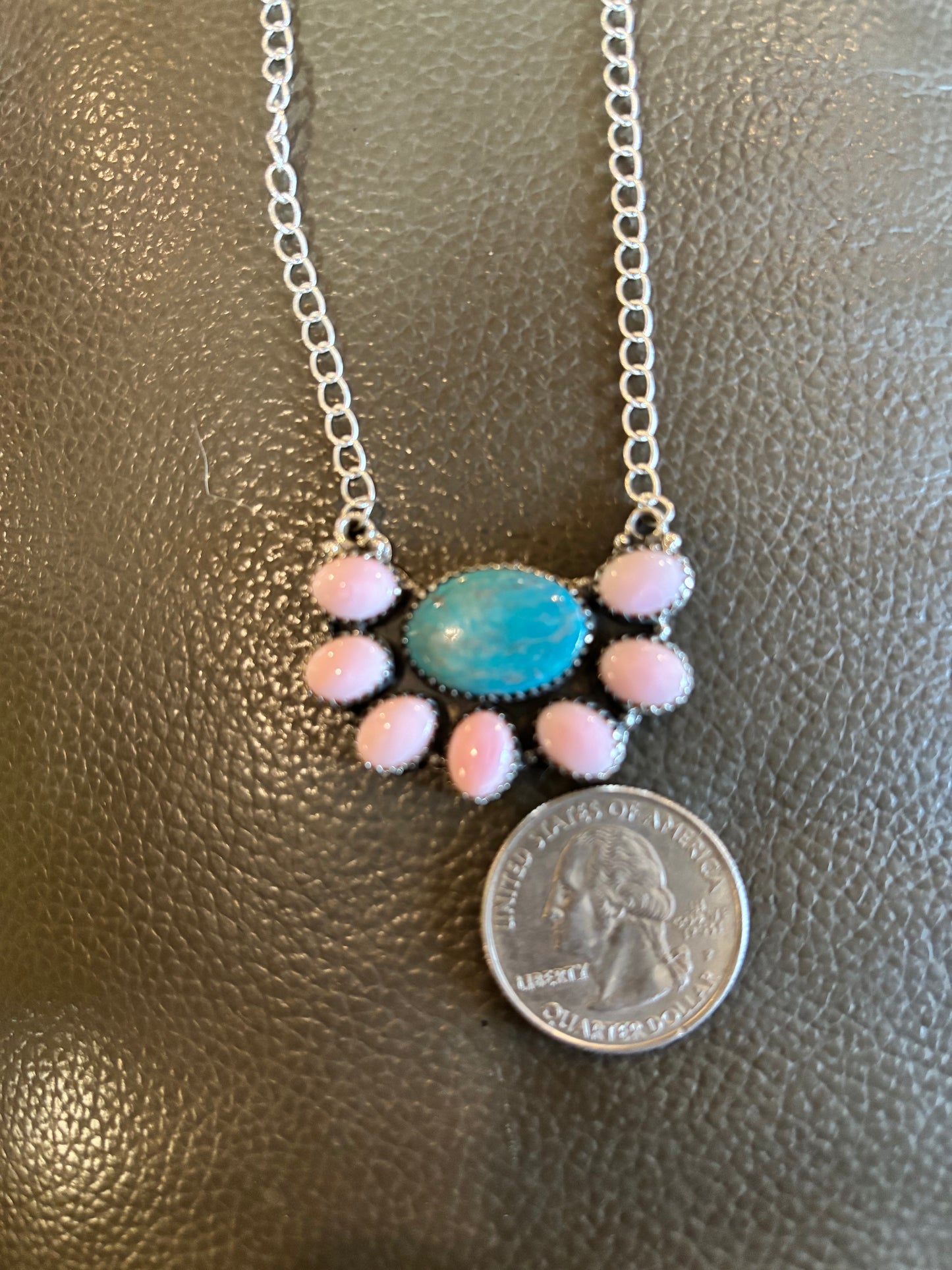 Kingman Turquoise & Pink Conch Cluster Necklace in SS