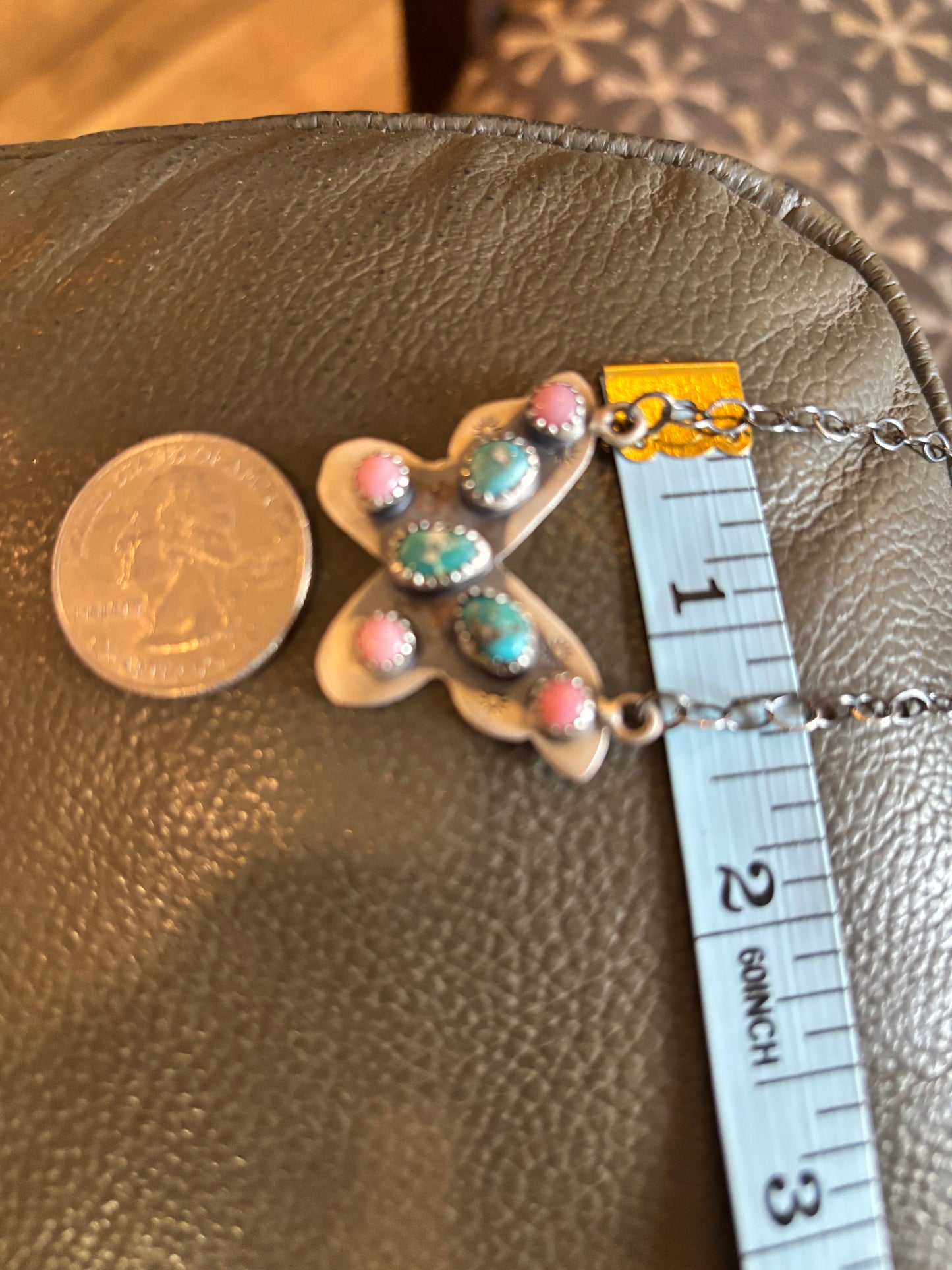 White Water Turquoise & Pink Conch Butterfly Necklace in SS