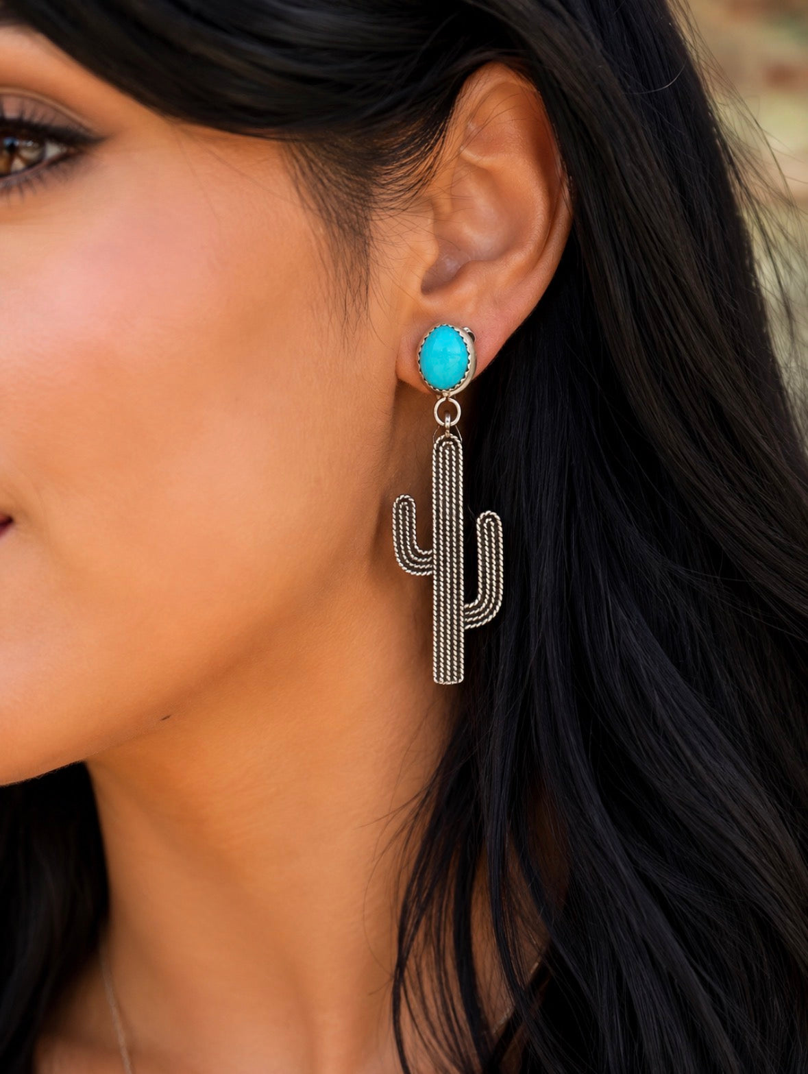 Turquoise Cactus Drop Earings Sterling Silver Native Stamped