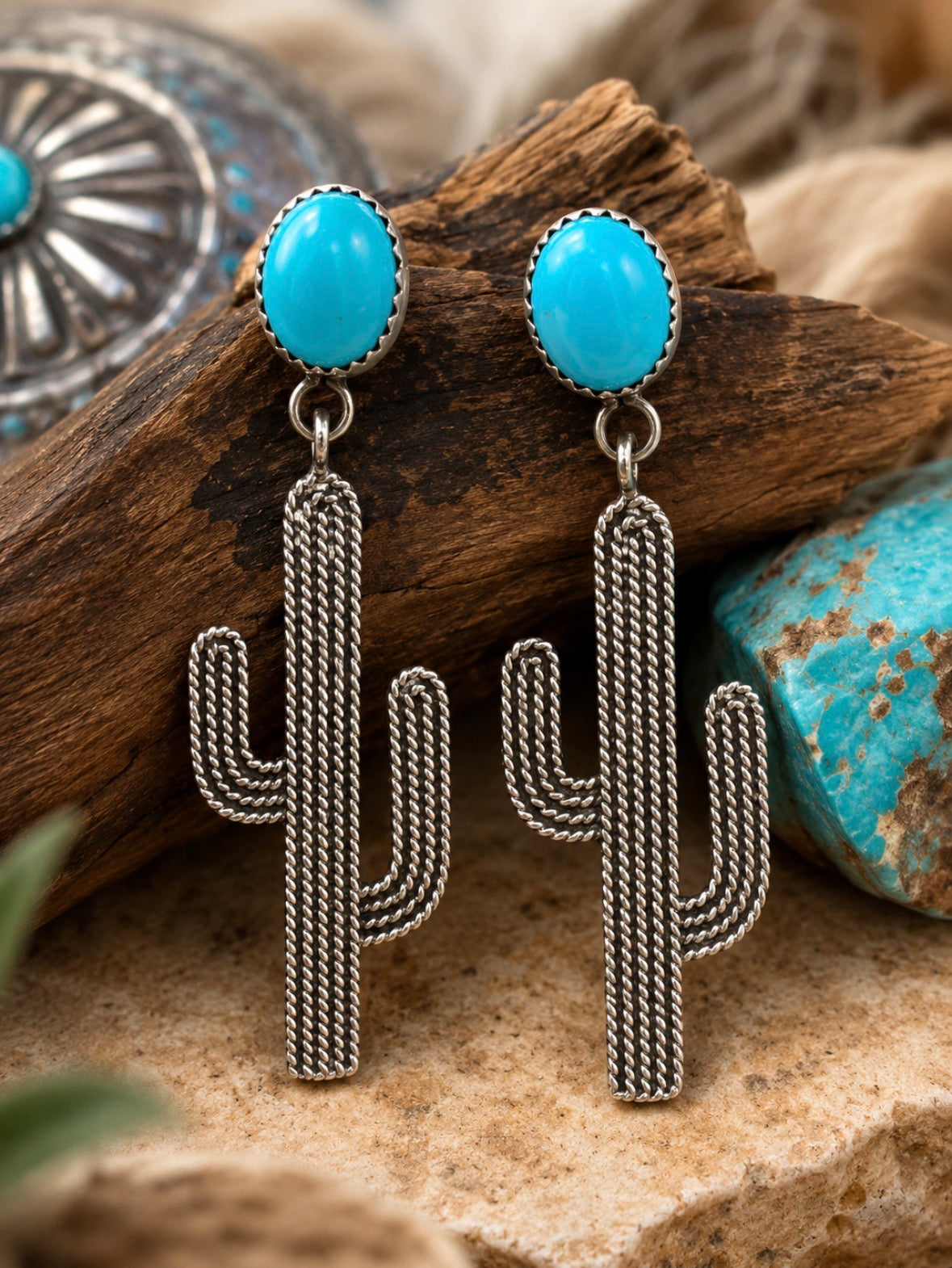 Turquoise Cactus Drop Earings Sterling Silver Native Stamped