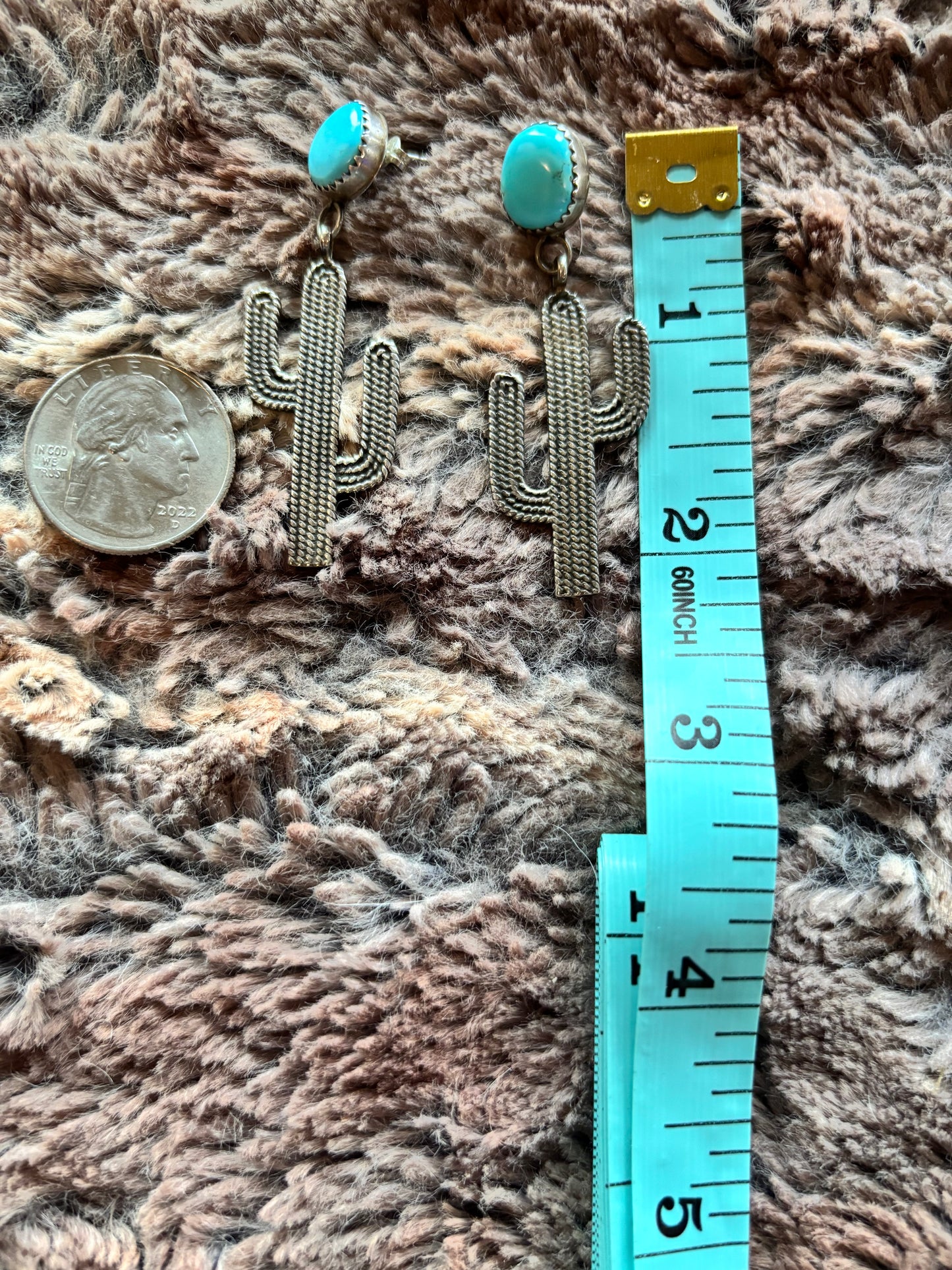 Turquoise Cactus Drop Earings Sterling Silver Native Stamped