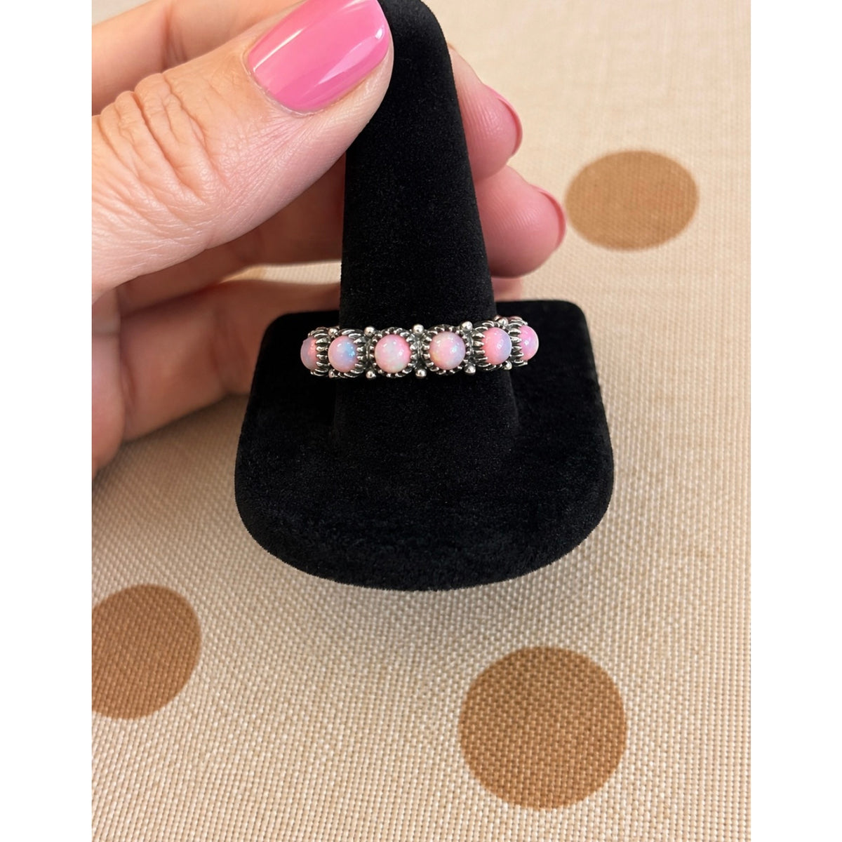 Pink Created Opal Eternity Band Ring Size 10 | Sterling Silver Western Ring