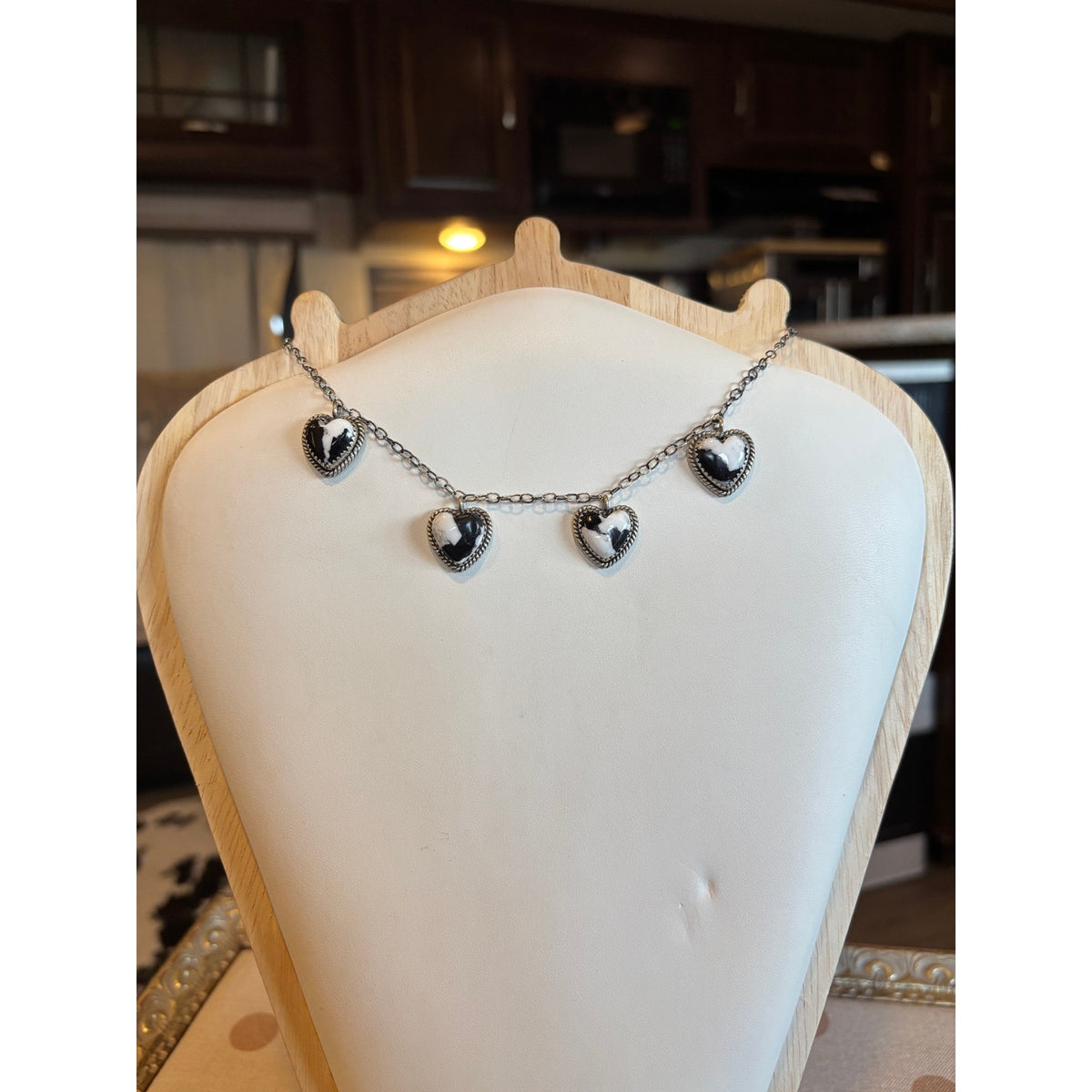 White Buffalo Turquoise Four Heart Necklace Sterling Silver  adjustable 20" Chain