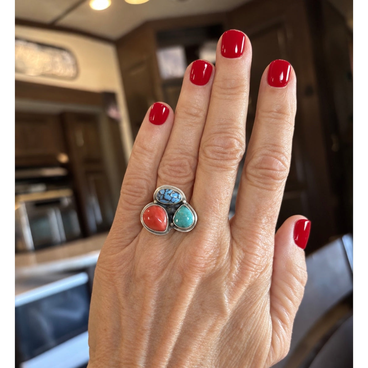 Kingman & Blue Turquoise Red Coral 3 Stone Sterling Silver Ring