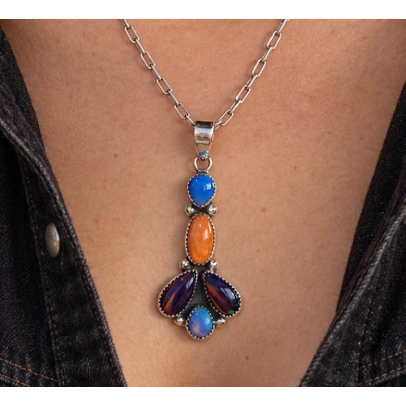 Spiny Oyster, Turquoise & Opal Multistone Pendant Necklace | 22" Sterling Silver