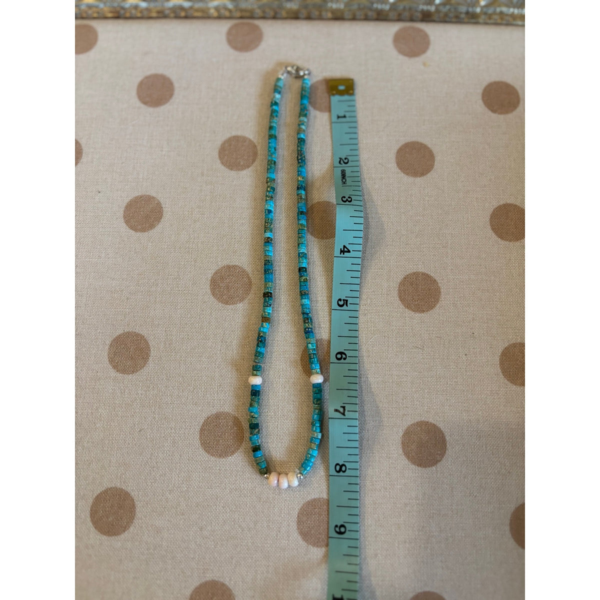 16" Turquoise & Pink Conch 5mm Turquoise Heishi Necklace
