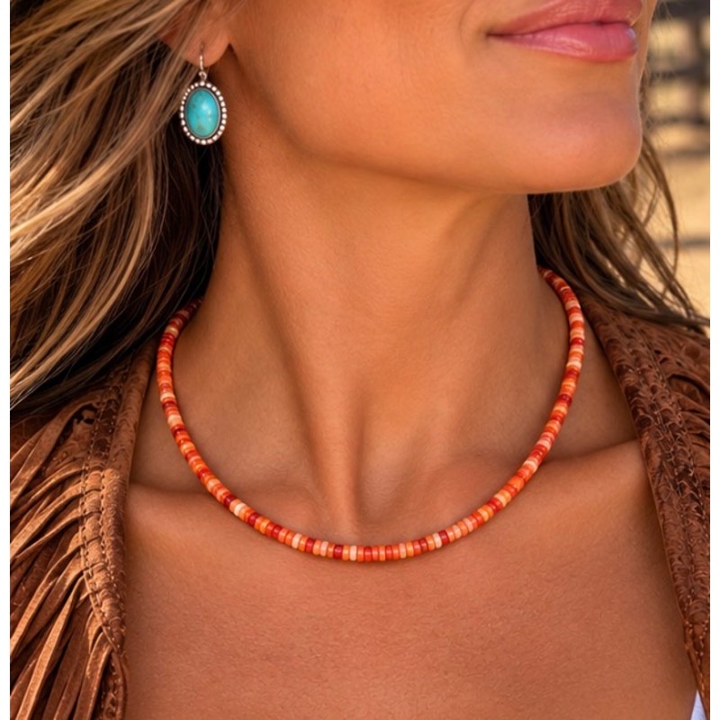 Orange Spiny Oyster Shell Heishi Necklace – 16-Inch Southwestern Style