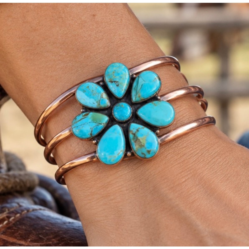 Mohave Turquoise Flower| Cluster Adjustable Copper Cuff Bracelet
