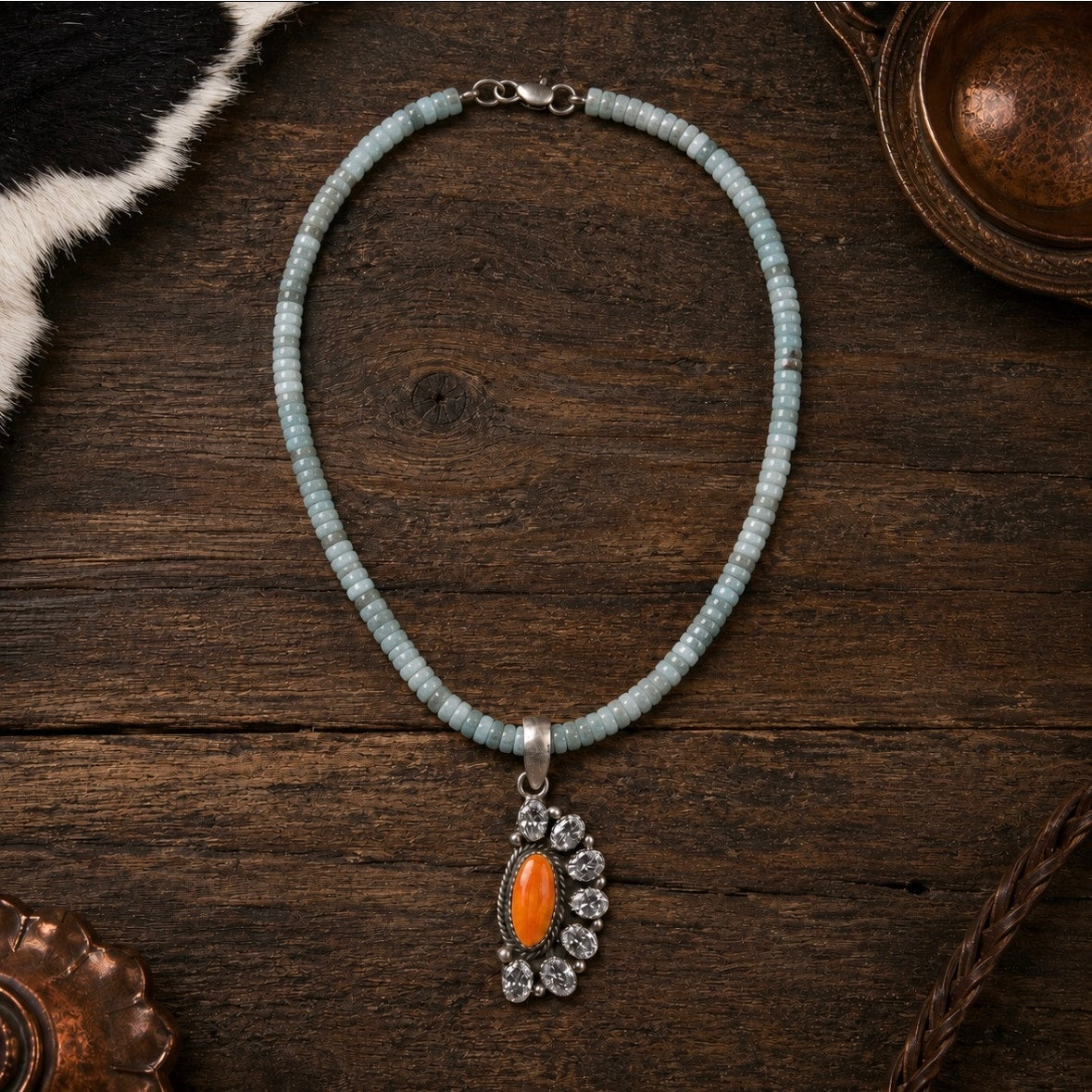 16" Larimar Heishi Necklace with Orange Spiny CZ SS Pendant