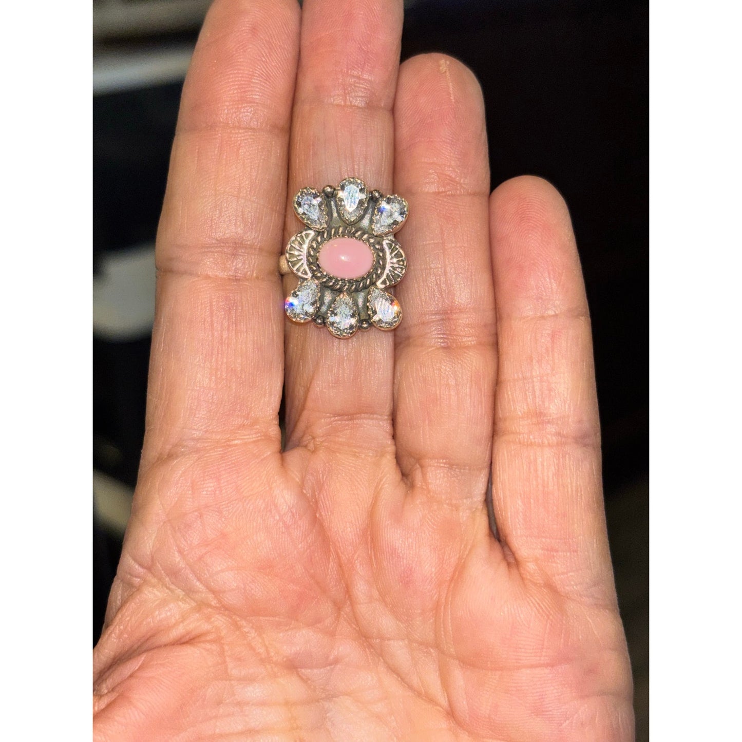 Pink Conch and CZ Sterling Silver Southwestern Ring sz 8 adj