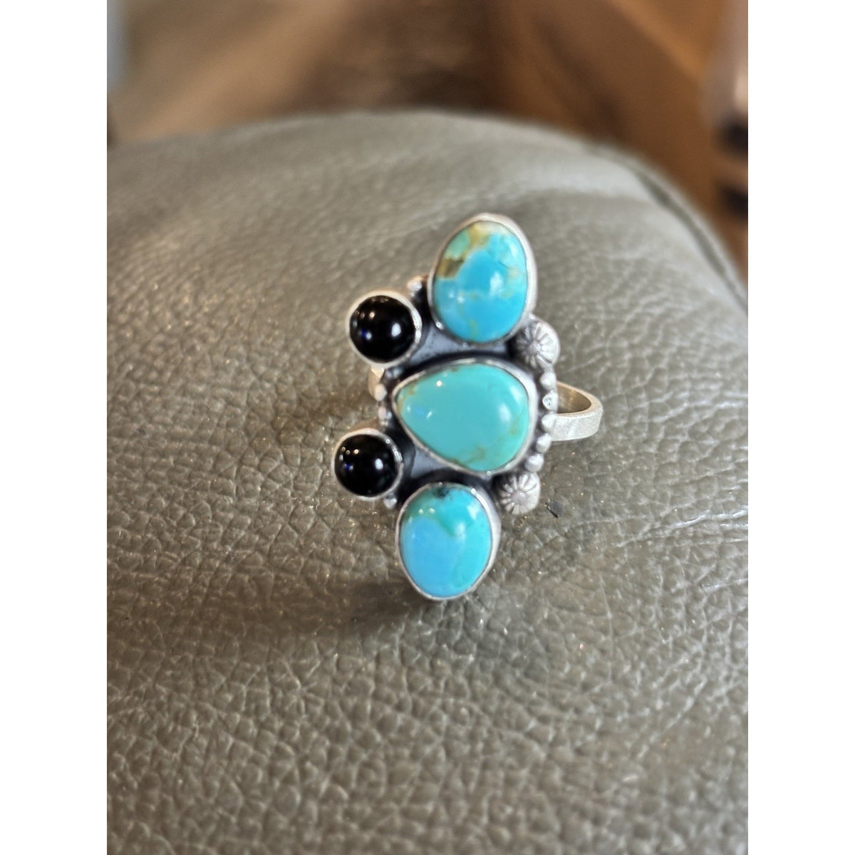 Heavy Sterling Silver Turquoise & Black Onyx Statement Ring Adjustable Size 7-9