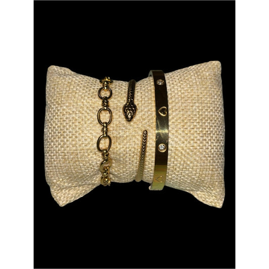 18k Gold Plated Water proof, Tarnish Free Three Bracelet Set with Heart Accent