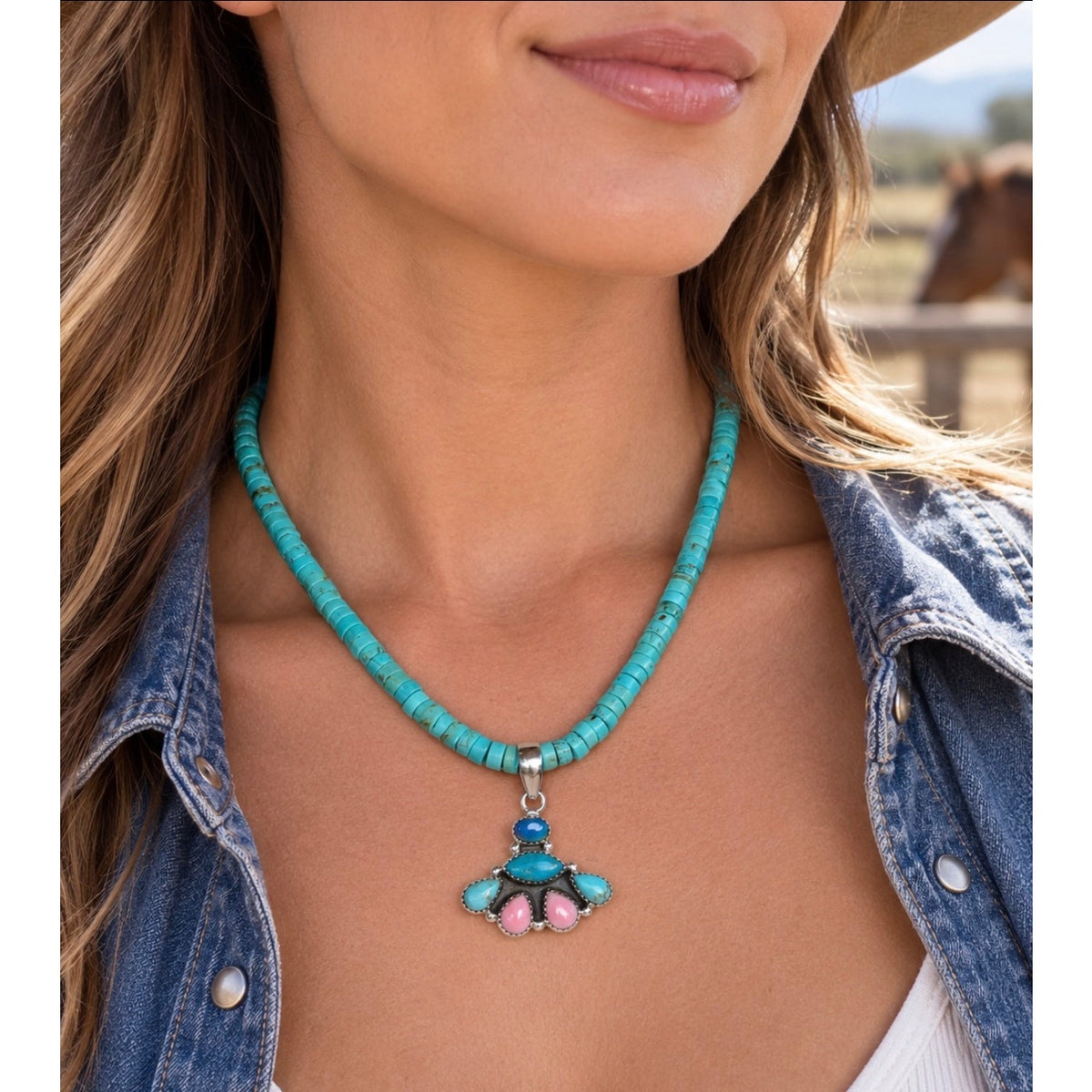 Kingman Turquoise, Pink Conch & Opal Heishi Necklace – 18"