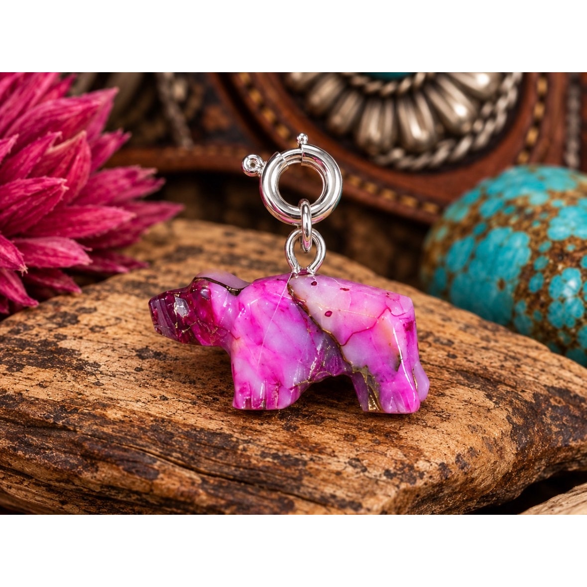 Christopher McCray Hand-Carved Pink Spiny Bear Charm – Southwestern Jewelry