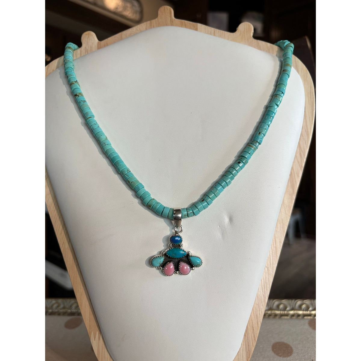 Kingman Turquoise, Pink Conch & Opal Heishi Necklace – 18"