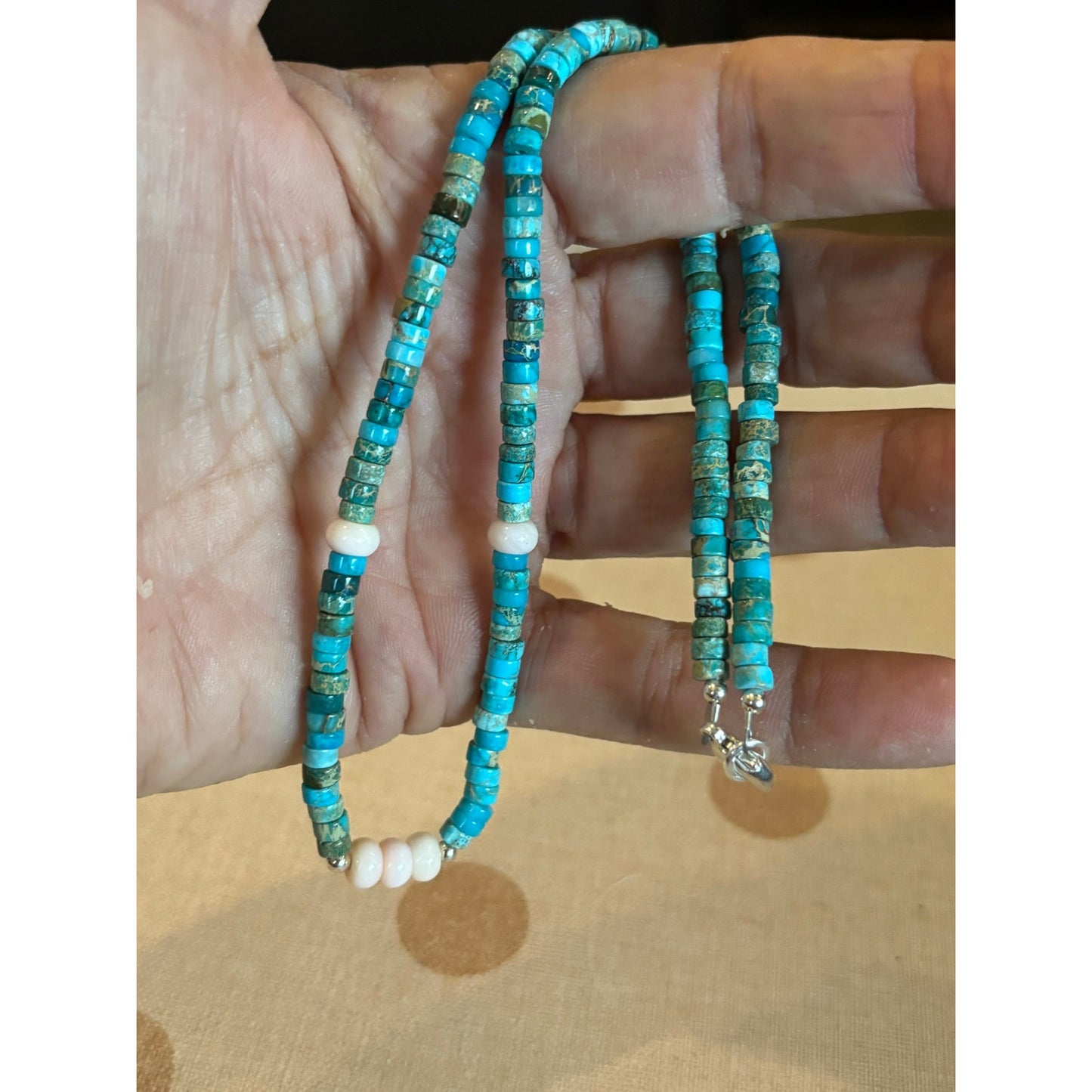 16" Turquoise & Pink Conch 5mm Turquoise Heishi Necklace