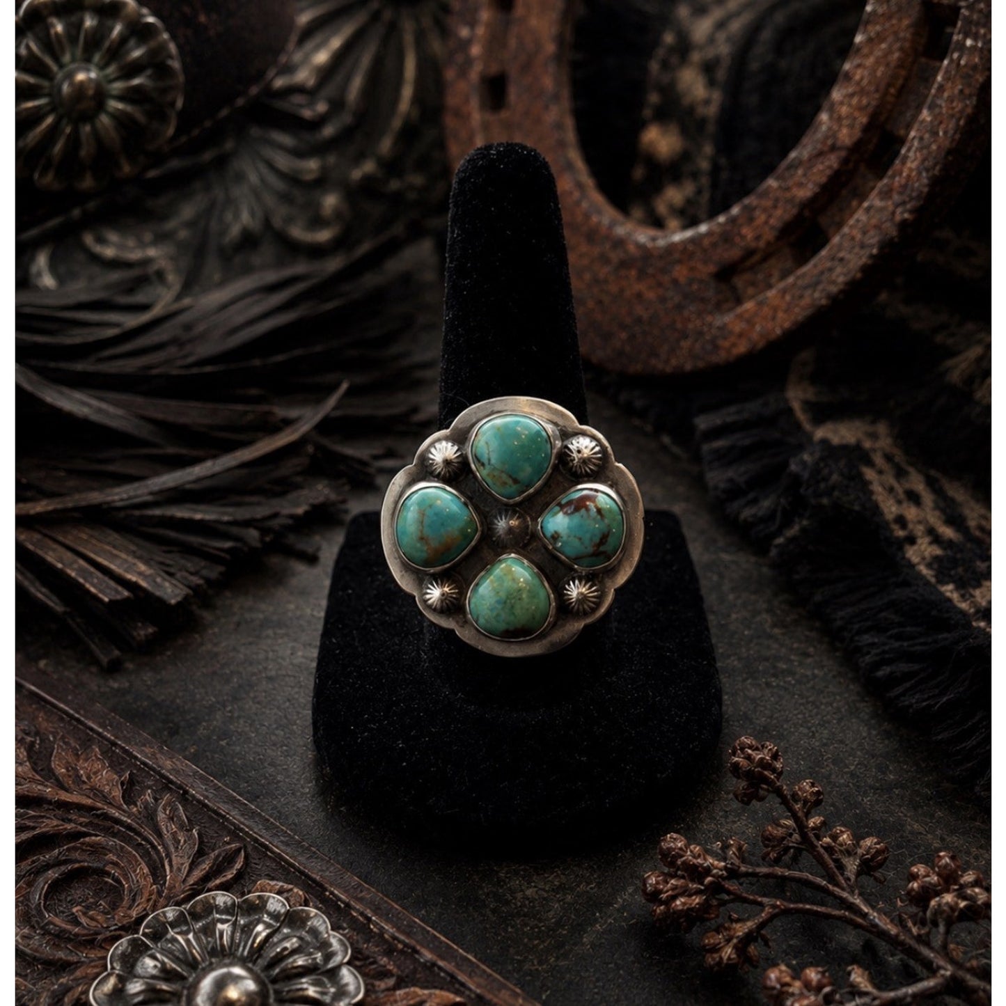 Number 8 Turquoise Cluster Statement Sterling Silver Adjustable Ring