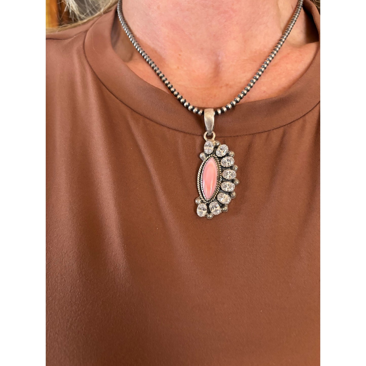 Stunning Pink Conch and CZ Pendant