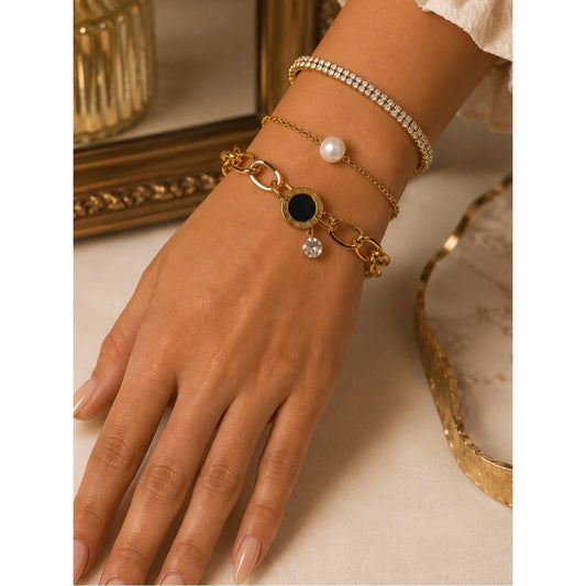 18k Gold Plated Water Resistant Layered Bracelet Set with Pearl and Crystals