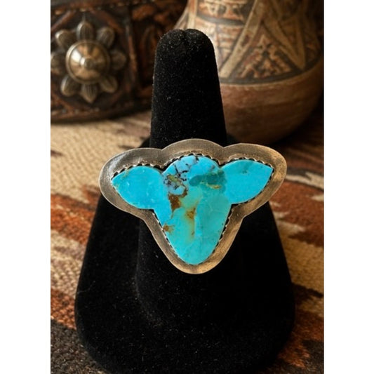 Number 8 Turquoise Steer Head Sterling Silver Ring | Ranch Cattle Western Ring