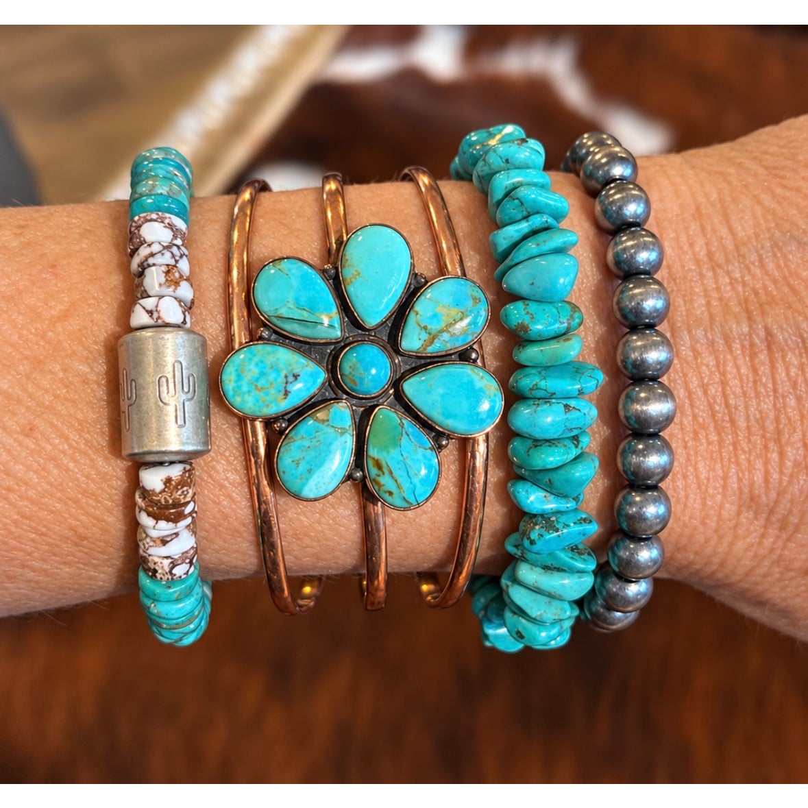 Mohave Turquoise Flower| Cluster Adjustable Copper Cuff Bracelet