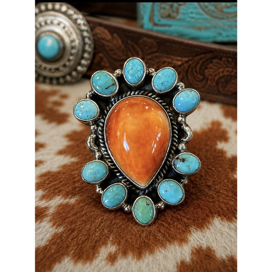 Kingman Turquoise With Large Orange Spiny Teardrop Set In Sterling Silver