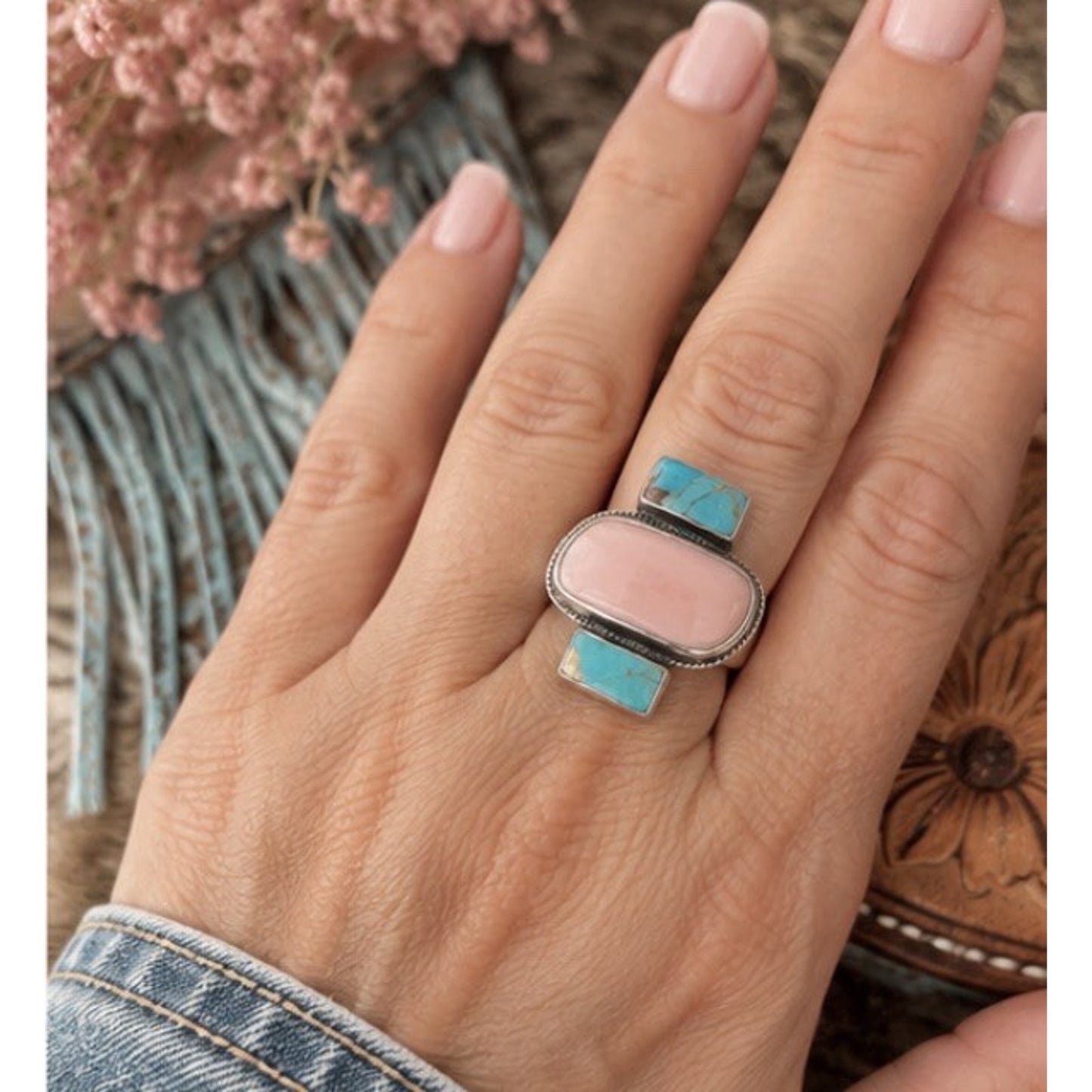 Turquoise & Large Pink Conch Stone Set In Sterling Silver