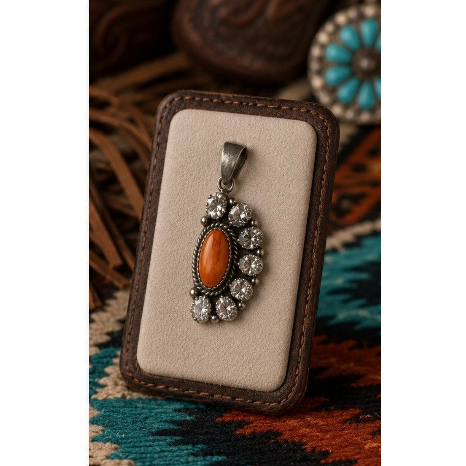 Orange Spidy Oyster with Cubic Zirconia set in Sterling Silver Pendant