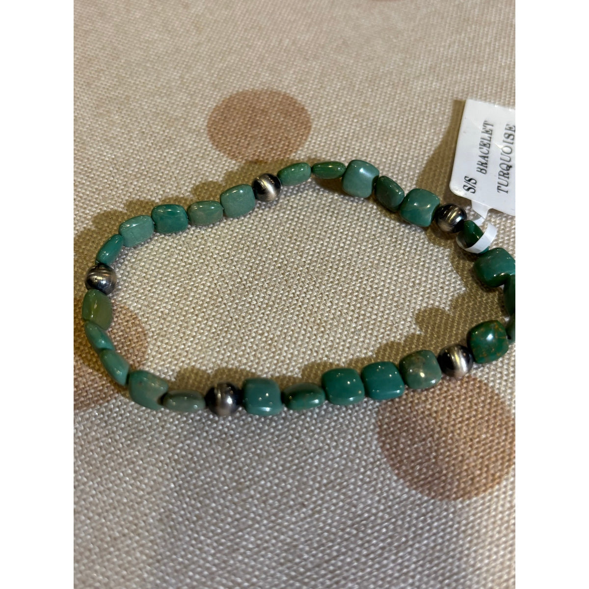 Turquoise Square Bead & Silver Pearl Stretch Bracelet – 6–7"