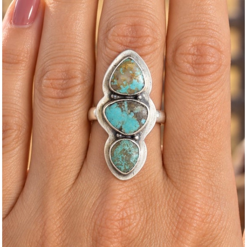 Number 8 Turquoise 3-Stone Crawler Ring | Adjustable Southwestern Sterling Silver