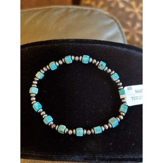 Turquoise & Sterling Silver Pearl Bead Bracelet | 6" Southwestern Style