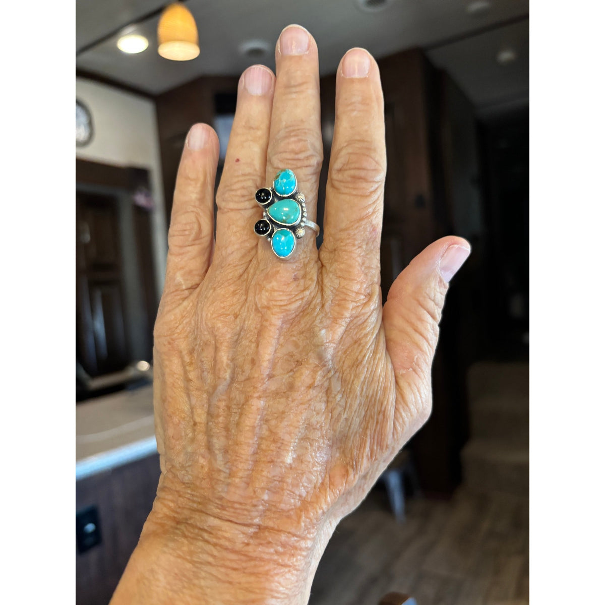 Heavy Sterling Silver Turquoise & Black Onyx Statement Ring Adjustable Size 7-9