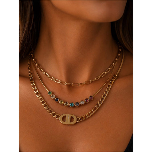 18k Gold plated, water proof, tarnish Gold Multi-Layered Necklace Gem Accents