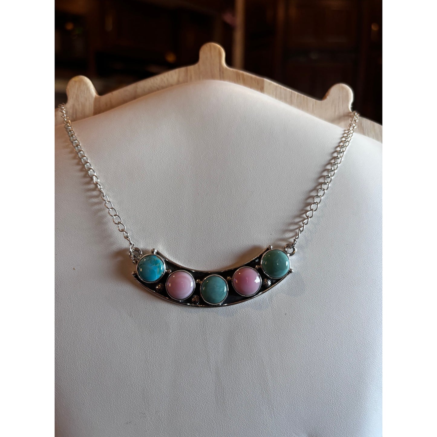 Pink Conch/ Turquoise Multi Stone Necklace set in Sterling Silver 20"
