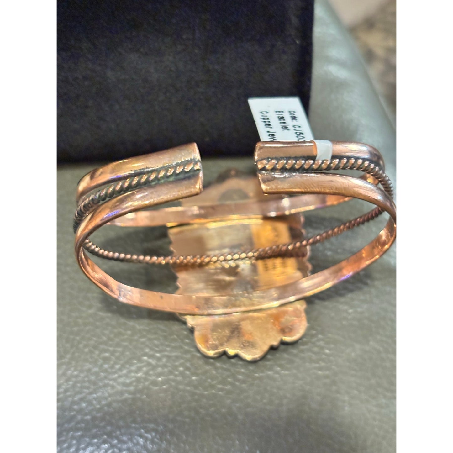 Copper Cuff w Turquoise Orange Spiny & Black Onyx Adjustable