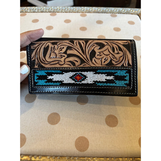 Tooled Cowhide Leather Long Style Beaded Checkbook  and Wallet