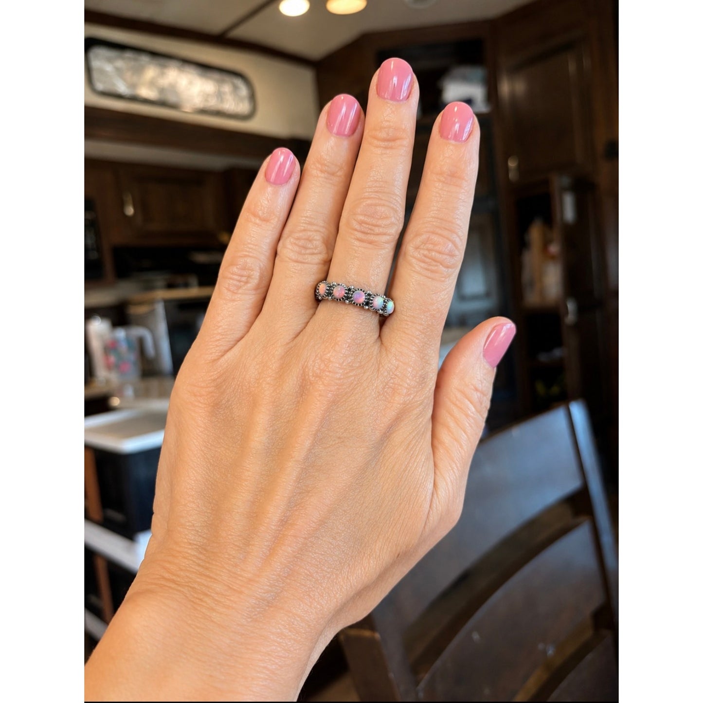 Pink Created Opal Eternity Band Ring Size 10 | Sterling Silver Western Ring