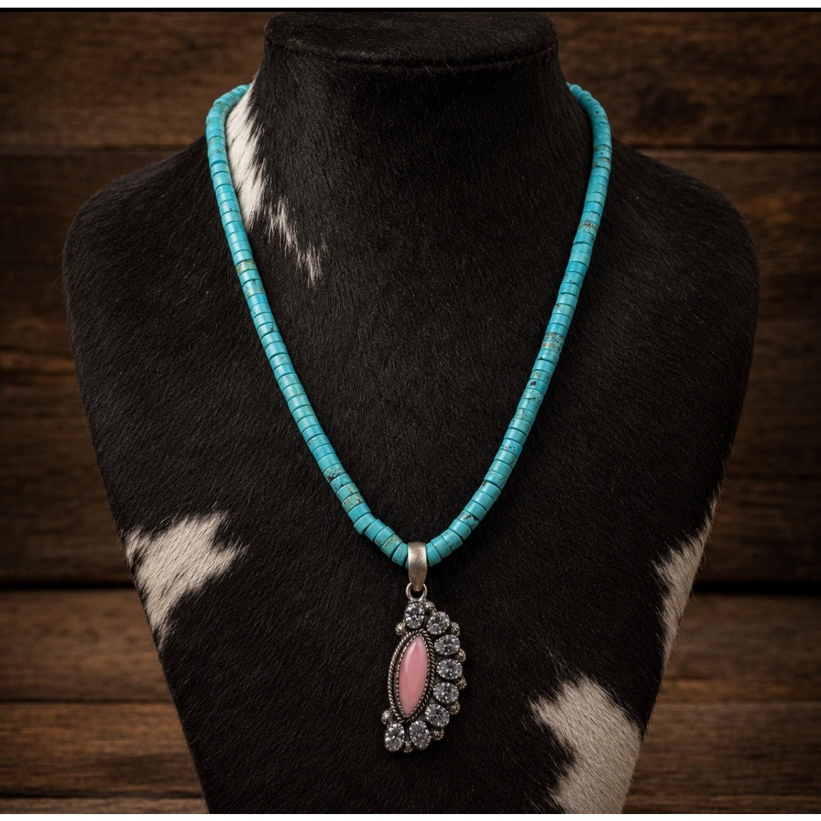 16" Turquoise Heishi Necklace-Pink Conch CZ Sterling Pendant