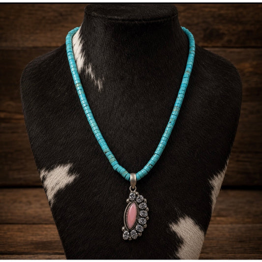 16" Turquoise Heishi Necklace-Pink Conch CZ Sterling Pendant