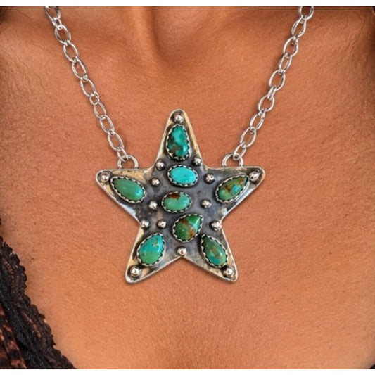 Kingman Turquoise Star Statement Necklace – Sterling Silver, 19" Paperclip Chain