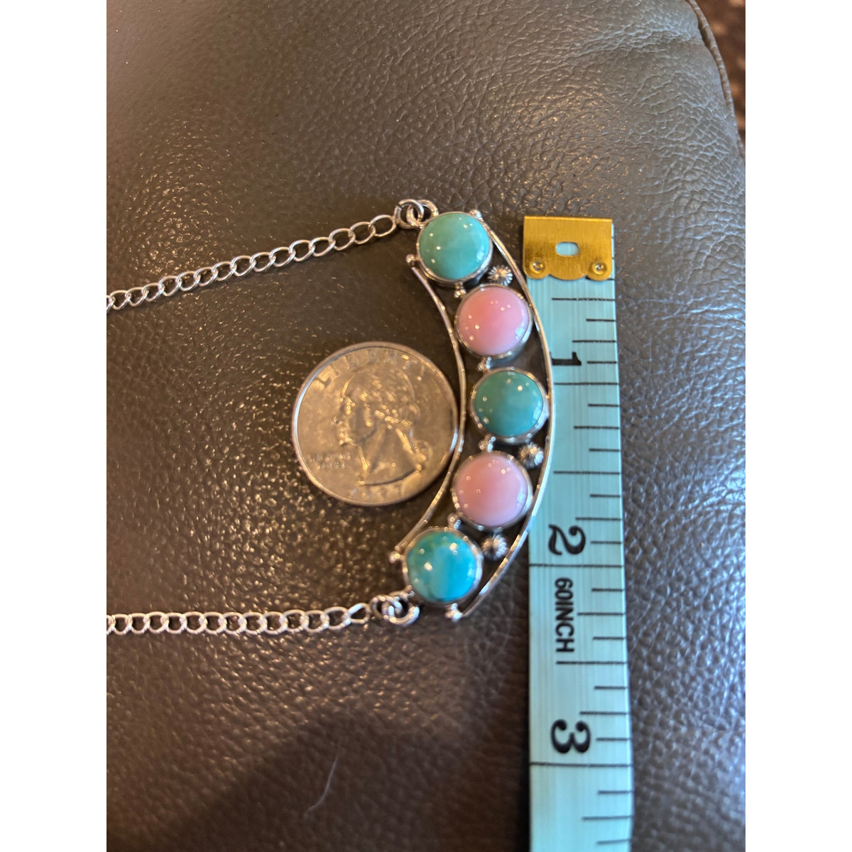 Pink Conch/ Turquoise Multi Stone Necklace set in Sterling Silver 20"