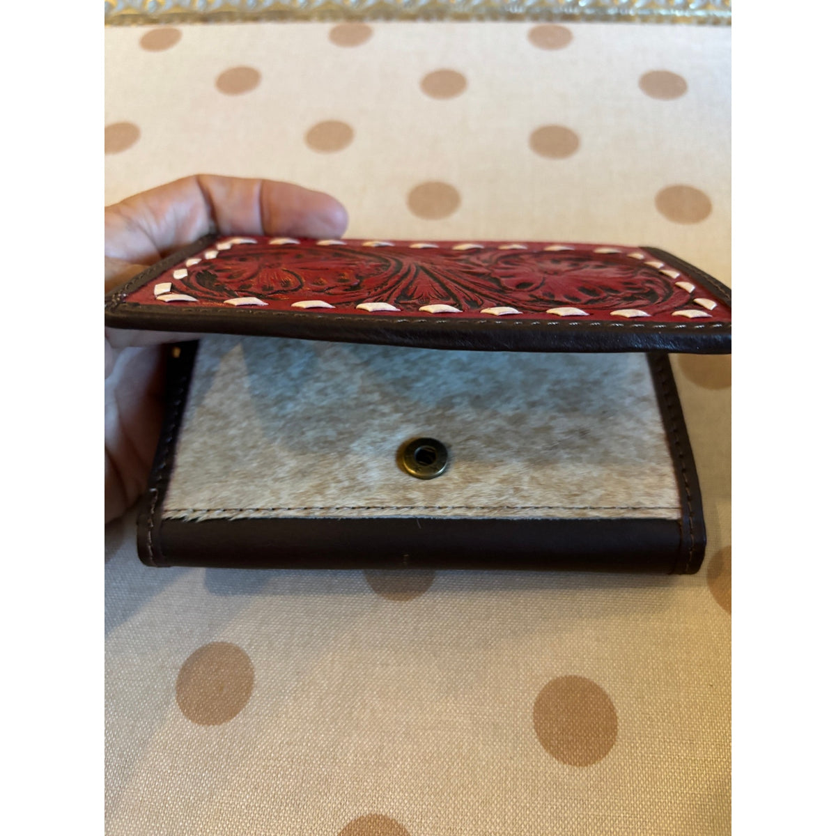 Tooled Leather Cowhide Western Trifold Wallet in Red