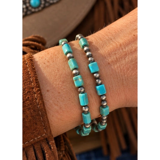2 Kingman Turquoise Bracelets| Sterling Silver Pearl Beads