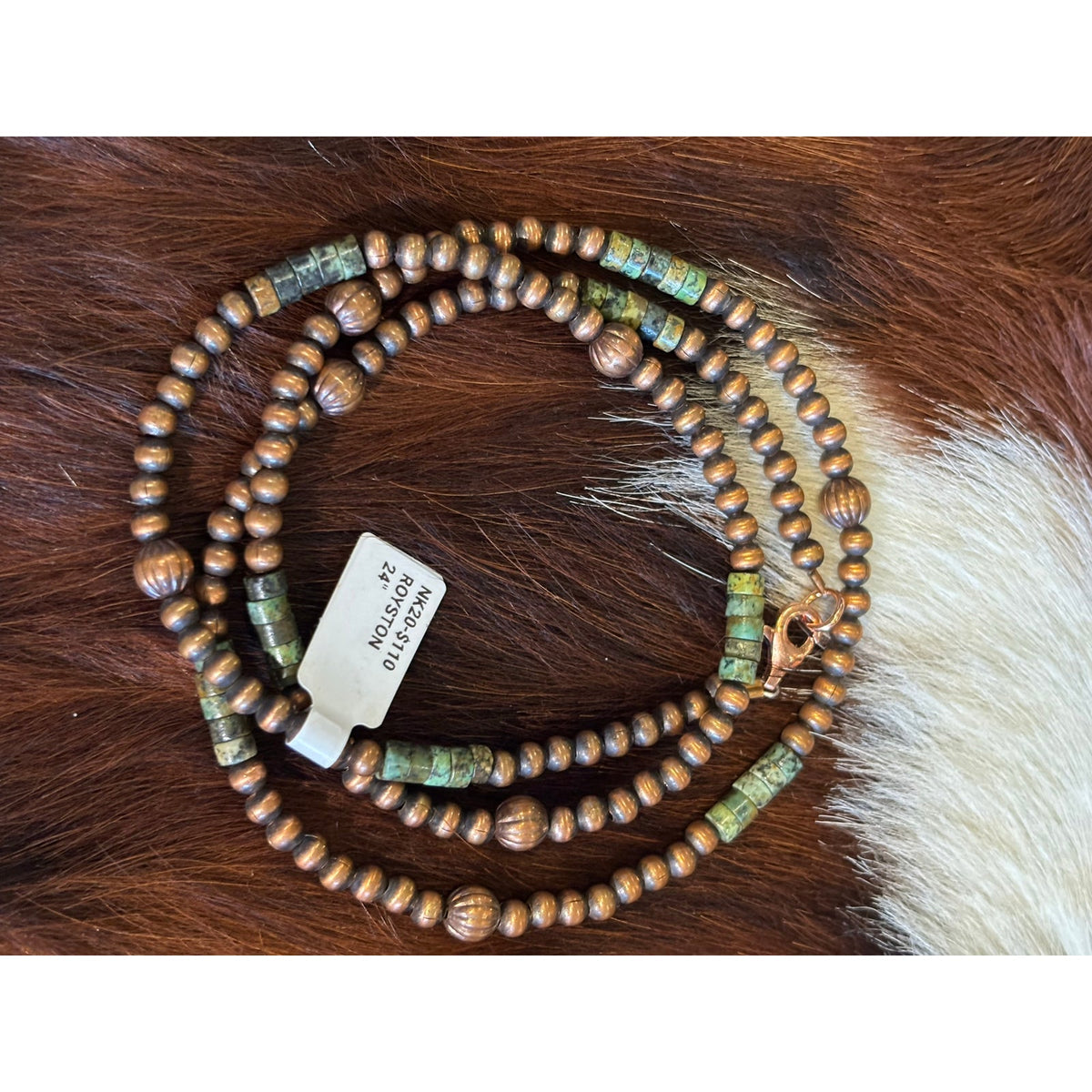 Copper Pearl Bead Layering Necklace with Royston Turquoise Accents – 24 Inch