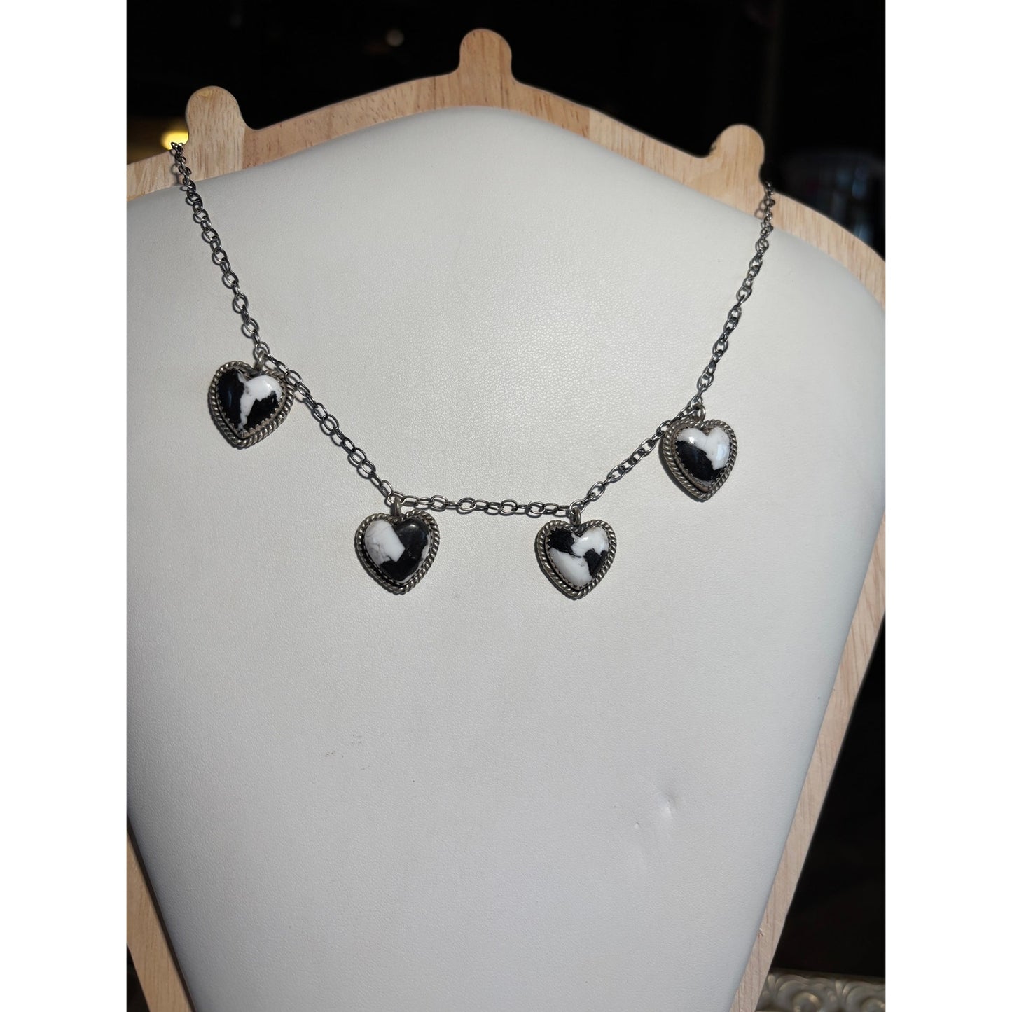 White Buffalo Turquoise Four Heart Necklace Sterling Silver  adjustable 20" Chain