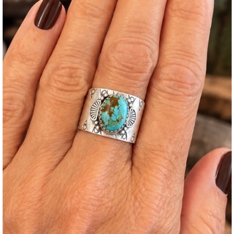 Number 8 Turquoise Southwestern Cigar Band Ring – Sterling Silver
